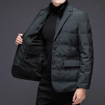 2023- Новая мужская модная повседневная Однотонная деловая Корейская версия Белого утиного пуха, куртка из искусственного двух пуховиков, теплый Холодный Короткий блейзер