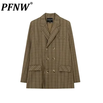 PFNW Двубортный клетчатый блейзер для мужчин, осенняя уличная повседневная куртка, прямые брюки, Элегантная винтажная мода, 12Z6501