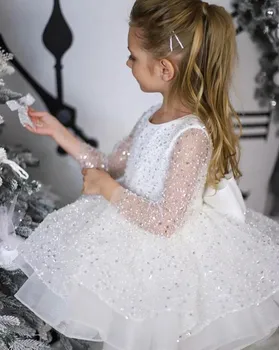 Белые платья для маленьких девочек, Новое свадебное платье принцессы 2024 года, платье для первого причастия с длинными рукавами, Детский размер от 1 до 14 лет