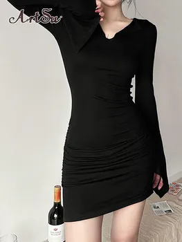 Готические мини-платья в стиле арт-арт, Гранж-панк, платье с расклешенными рукавами, сексуальные женские черные облегающие клубные вечерние платья Fairy Grunge