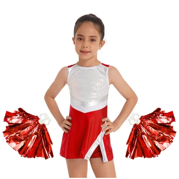 Детский танцевальный костюм для девочек, платье без рукавов с круглым вырезом, шорты и 1 пара цветочных шариков, набор для выступления школьной группы поддержки