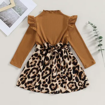 Детское леопардовое платье в стиле пэчворк для девочек, весенне-осенняя одежда, Платье трапециевидной формы с длинным рукавом и бантом, детские вещи, одежда