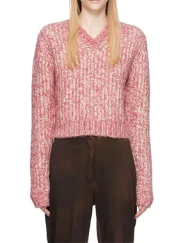 Женский Розовый повседневный короткий шерстяной свитер с V-образным вырезом 2023, Мягкий пуловер в стиле пэчворк с длинным рукавом