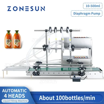 Машина для розлива жидкости ZONESUN, Автоматический мембранный насос с 4 головками, наполнитель для сока, косметических бутылок и воды с конвейерной лентой