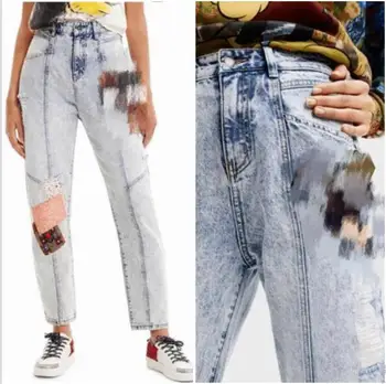 Международная торговля, испанские новые женские джинсы с дырками, промытая песком эластичная облегающая вышивка, брюки-карандаш с принтом