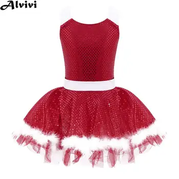 Платье-пачка для рождественских танцев для девочек, блестящие платья-трико из искусственного меха с пайетками для балета, латиноамериканских танцев, катания на коньках, гимнастических представлений