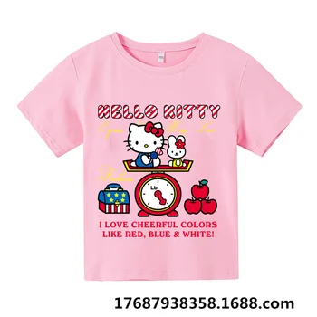 Футболка Hello Kitty, детская одежда с героями мультфильмов, футболка для девочек, детская уличная одежда с коротким рукавом, пуловер с круглым вырезом, футболки для мальчиков, хлопковые топы