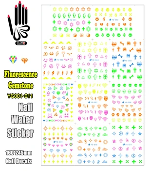 11 Листов / лот Наклейка для воды для ногтей YG001-011 Флуоресцентный Драгоценный камень Наклейка для дизайна ногтей Наклейки для водяного маникюра (11 ДИЗАЙНОВ В 1)