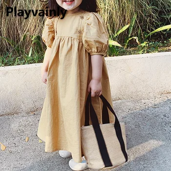 2022 Новое летнее Платье в Корейском Стиле для Детей, Платья принцессы с пышными рукавами цвета хаки Для девочек, детская хлопчатобумажная одежда E209