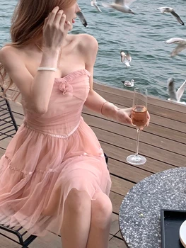 2023 Летнее Розовое праздничное платье в пляжном стиле, женское повседневное платье без рукавов с ремешком Y2k Min, Офисное Элегантное цельнокроеное платье в Корейском стиле