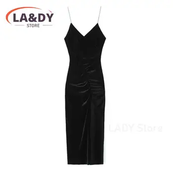 2024 Новое женское бархатное платье Миди на подтяжках с открытой спиной, женские Тонкие шикарные Черные Сексуальные облегающие вечерние платья Vestidos
