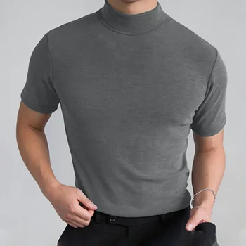 A2623 Мужская тонкая футболка, однотонная Водолазка с высоким воротом, Уличная одежда с коротким рукавом, Повседневная мужская одежда для фитнеса, 2023, досуг