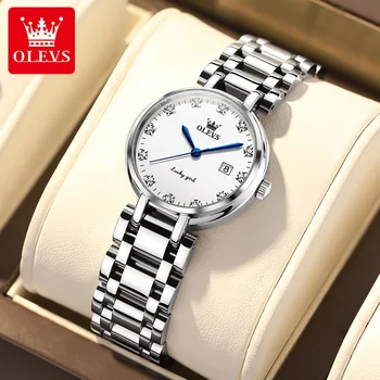 OLEVS Совершенно Новые кварцевые часы с простым дизайном для женщин, модные серебряные водонепроницаемые роскошные часы с бриллиантами из нержавеющей стали, женские