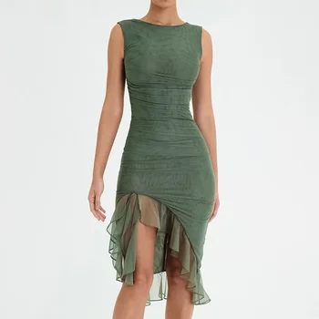 Sladuo 2023, Новое женское сетчатое платье с воланами, женское сексуальное платье без рукавов армейского зеленого цвета, вечерние платья знаменитостей для подиума и клубных вечеринок.