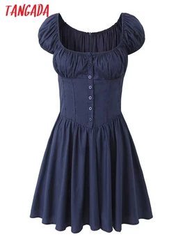 Tangada 2024 Женское Темно-синее хлопчатобумажное платье с пышными рукавами на молнии, Женские сексуальные мини-платья 4D18