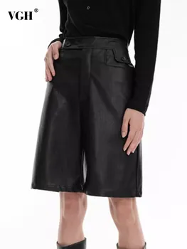 VGH, однотонные кожаные шорты с карманами в стиле пэчворк для женщин, минималистичные свободные короткие брюки с широкими штанинами, женская модная одежда, новинка