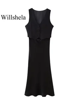 Willshela Женский модный шелковый черный жилет в стиле пэчворк, открытое платье Миди на молнии сбоку, винтажные женские шикарные платья с V-образным вырезом