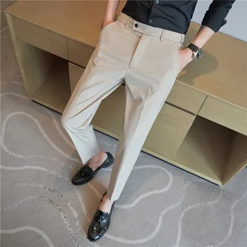 Винтажные костюмные брюки с эластичной резинкой на талии, мужские модные Тонкие повседневные деловые брюки, офисные социальные брюки, мужская одежда 2023 Лето