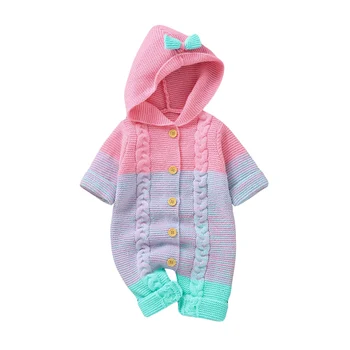 Вязаный комбинезон для маленьких девочек контрастного цвета, повседневная зимняя теплая одежда для новорожденных, свитер с капюшоном на пуговицах, комбинезоны