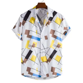 Гавайская рубашка с геометрическим принтом, мужская Camisa Masculina, бренд 2024, приталенные пляжные рубашки с коротким рукавом, мужская одежда в стиле харадзюку с цветочным рисунком