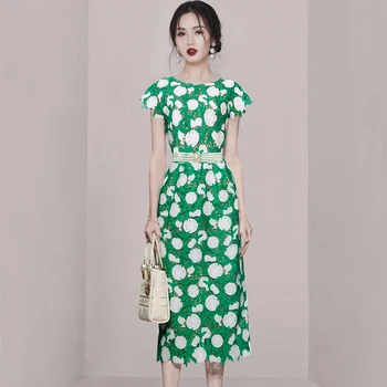 Дизайнерское Модное Летнее Кружевное платье с вышивкой, Элегантное Женское платье с круглым вырезом Зелено-белого цвета, Облегающее платье с жемчужным поясом