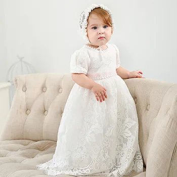 длинные платья, детское платье для крещения новорожденных, одежда для вечеринки в честь 1-го дня рождения для девочек со шляпой 0-2 лет