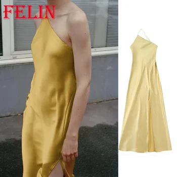 Женская мода TRAFZA 2023 Золотое Атласное платье с открытой спиной на тонких бретельках, женское вечернее платье с открытой спиной, женское Сексуальное клубное платье с бретельками