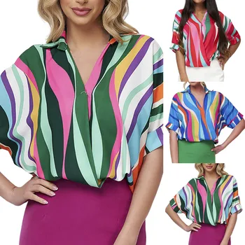 Женская рубашка с короткими рукавами, весна-осень, плиссированные свободные лацканы в европейском и американском стиле, винтажный рисунок с лацканами, 3D цифровая печать