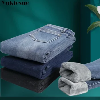Женские термоджинсы, зимние снежные теплые плюшевые джинсы-стрейч, женские узкие длинные брюки из плотного флиса, синие брюки-карандаш в стиле ретро
