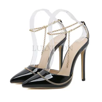 Женские туфли на каблуках с золотой цепочкой и пряжкой на щиколотке, туфли из лакированной кожи для женщин, туфли на высоком каблуке 42 размера, туфли-лодочки на шпильке 12 см