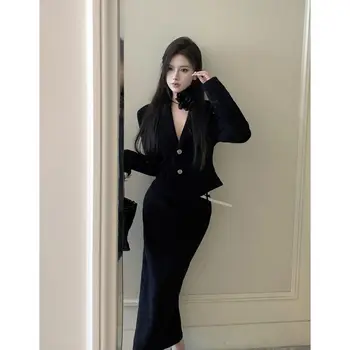 Женский модный костюм, жакет, весенне-осенняя модная юбка, длинная юбка, Черный элегантный комплект из двух предметов.