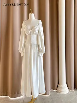 Женское весеннее новое высококачественное женское платье с открытой спиной, Темперамент Богини, Уникальное белое платье с длинными рукавами для женщин