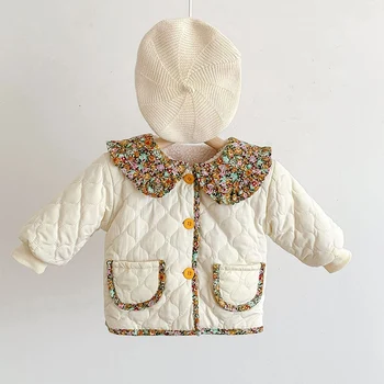Зимнее утепленное пальто для новорожденных девочек с цветочным принтом, детская плюшевая одежда для малышей, утепленная теплая куртка для маленьких девочек