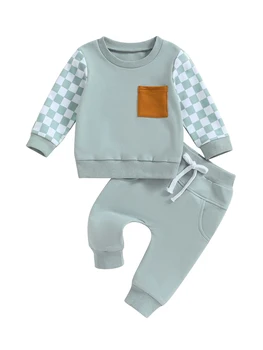 Зимняя одежда для маленьких девочек, клетчатая толстовка с длинными рукавами и штаны, комплект одежды в клетку для малышей