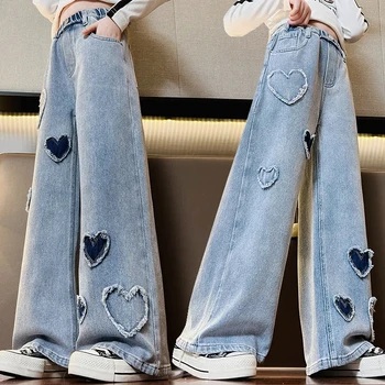 Индивидуальность Девушки Любят широкие джинсы с принтом, Весна-осень, Новые детские прямые брюки, Модные повседневные брюки для маленьких девочек