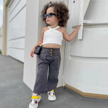 Комплекты летней одежды для маленьких девочек 2-7 лет, однотонный жилет с крестом на шее + джинсовые брюки с высокой талией, повседневные комплекты для девочек