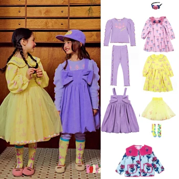 Корейский бренд 2023, новое осеннее детское платье для девочек с милым цветочным принтом, платья с длинными рукавами