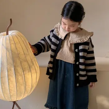 Корейское детское пальто 2023, Осенняя новая детская одежда, свитера в полоску для девочек, модные Вязаные кардиганы, свитер для мальчиков