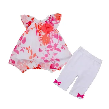 Летние комплекты одежды для малышей и девочек с принтом, шифоновая блузка, Рубашки, Брюки, одежда для маленьких девочек