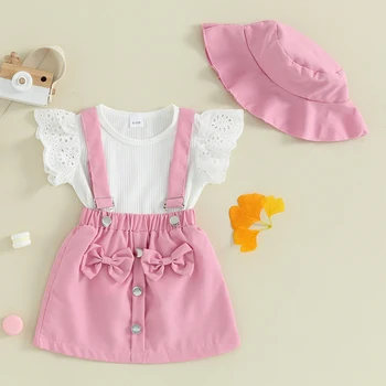 Летние юбки для маленьких девочек, одежда из 2 предметов, однотонные топы в рубчик с рукавами-крылышками, футболка с бантом, комплект мини-юбок