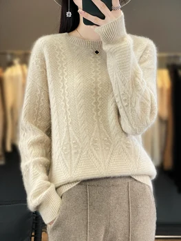 Модный женский Толстый Теплый пуловер с круглым вырезом и цветочным узором, осень-зима, свитер из 100% шерсти Мериноса, Базовый кашемировый трикотаж, Корейские топы