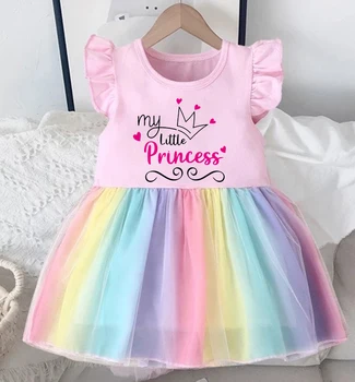Моя Маленькая принцесса, Милое платье для маленьких девочек, хлопковые платья с развевающимися рукавами, Радужные Сетчатые платья, Повседневные платья для вечеринки по случаю Дня рождения