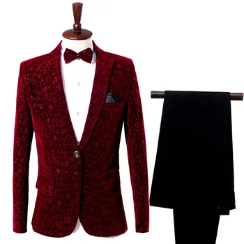 Мужские Бархатные Жаккардовые костюмы из 2 предметов, Хипстерский Свадебный Блейзер на одной пуговице с брюками, комплекты для вечеринок, Сценический костюм для шоу, Мужской костюм