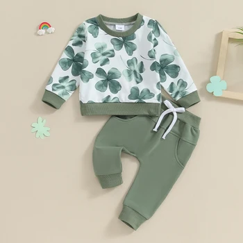 Наряд На День Святого Патрика для маленьких мальчиков, зеленые толстовки с длинными рукавами и длинными штанами с принтом трилистника, комплект ирландской одежды из 2 предметов