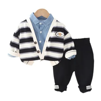 Новая весенне-осенняя одежда для малышей, костюм для мальчиков, куртка в полоску, Рубашка, Брюки, 3 шт./компл., повседневный костюм для малышей, детские спортивные костюмы