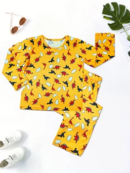 Новая детская пижама Four Seasons, повседневная домашняя одежда, брюки с длинными рукавами и рисунком динозавра из мультфильма, комплект из двух предметов