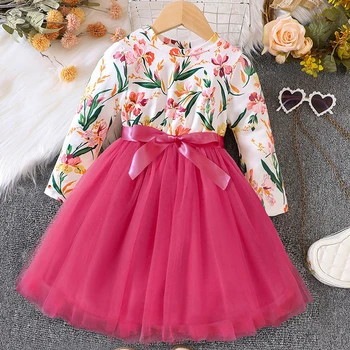 Новая модная детская одежда для маленьких и средних девочек, весенне-осеннее сетчатое платье с галстуком-бабочкой, длинным рукавом и цветочным принтом
