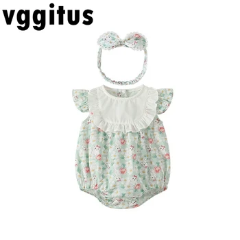 Новое летнее боди для маленьких девочек с цветочным кружевом, с круглым воротником и расклешенными рукавами, милый комбинезон для новорожденных E2403