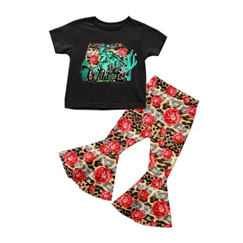 оптовая продажа, комплект летней одежды для маленьких девочек, черная рубашка с рюшами, топы + расклешенные брюки с цветочным принтом для девочек cactus