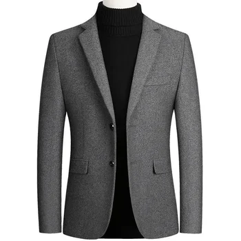 Осенне-зимнее мужское шерстяное пальто 2023 года, приталенная ветровка, утолщенный мужской однотонный пальто-костюм
